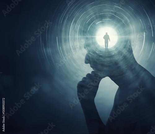 A silhouete of a man with rays of light emanating from the brain as a symbol of the power of thinking. Concept on the topic of psychiatry (bipolar disorder, schizophrenia), psychology.