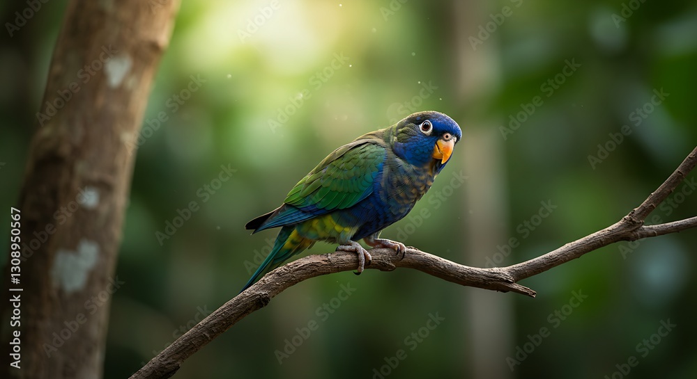 A small parrot with colorful feathers perched on a branch, tilting its head cutely A small parrot with colorful feathers perched on a branch, tilting its head cutely