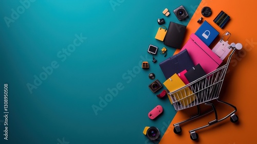 Shopping Cart Filled with Groceries and Household Items in Store photo