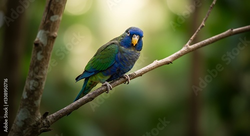 A small parrot with colorful feathers perched on a branch, tilting its head cutely
