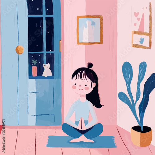 pink and blue pastel colors, minimal details, happy tempera gouache, a girl doing yoga in her home, in the art style of japanese vintage 80's