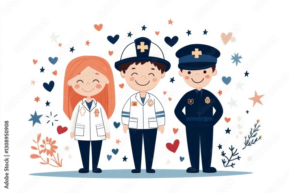 Fototapeta premium A flat 2D illustration of a firefighter, paramedic, and police officer standing together with smiles, surrounded by small hearts and stars on a white background