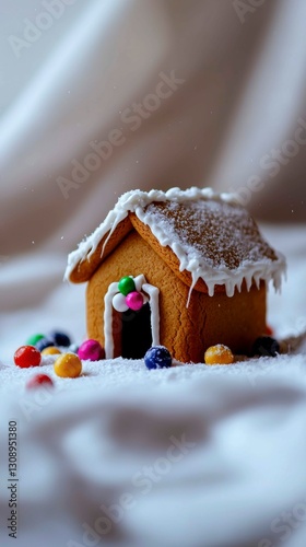 Festive Gingerbread House Adorned with Candy in a Winter Wonderland Scene with Sweet Icing Design photo