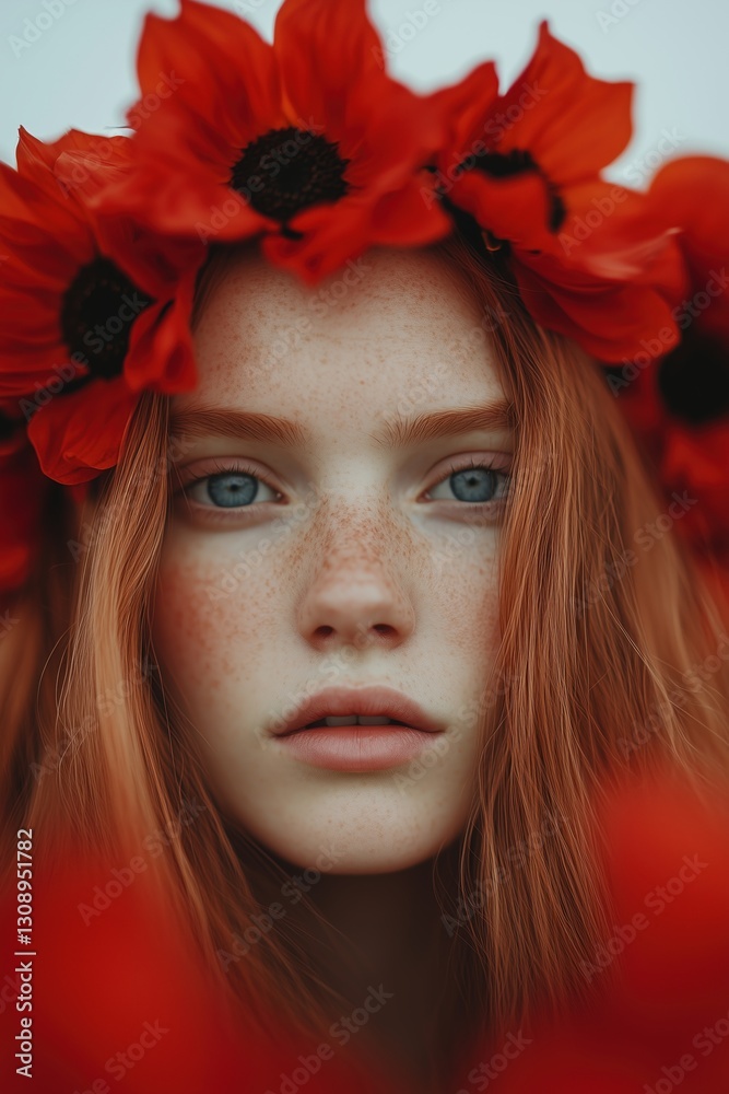 Naklejka premium Young woman with red hair and freckles wearing a floral crown posed amidst vibrant red flowers in a spring setting