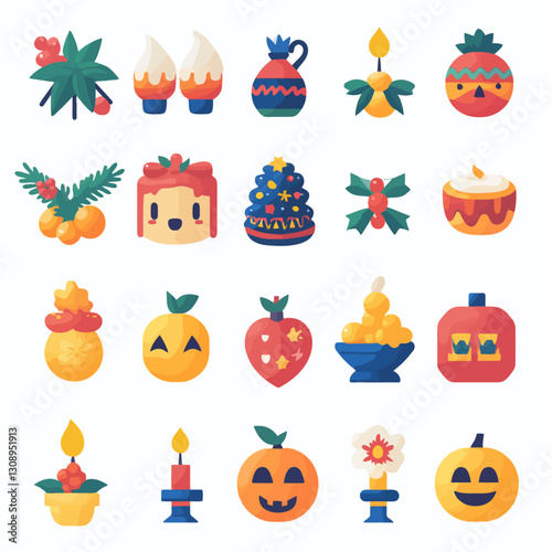 Cute Holiday Icons: Christmas Tree, Candles, Holly, Pumpkins, and More