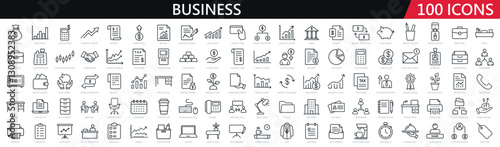 100 business line icons set. Finance, management, office, teamwork, growth, investment - stock vector