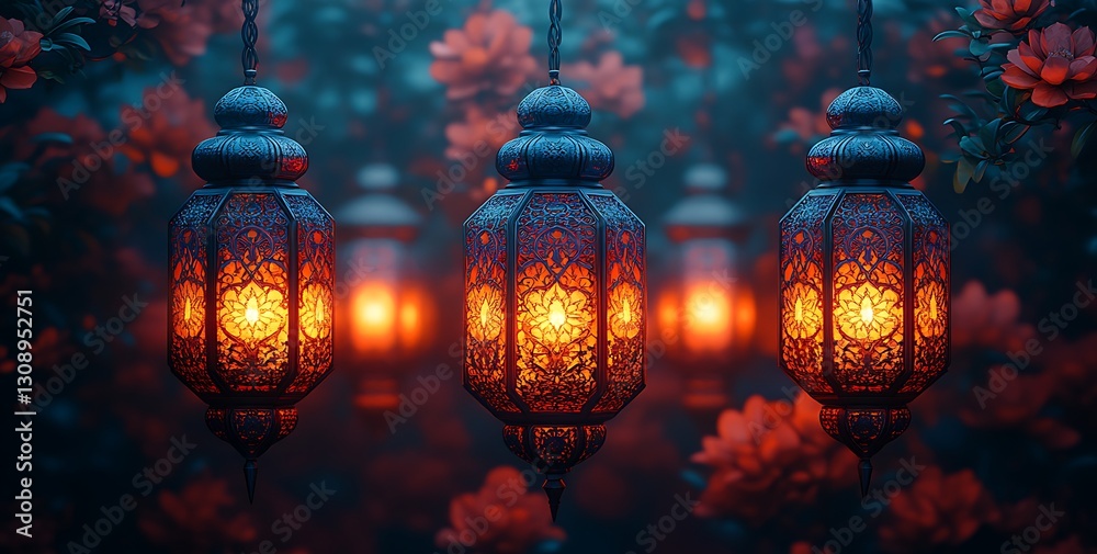 Ornate Lanterns Glowing Amidst Lush Floral Backgrounds in a Serene Evening Setting