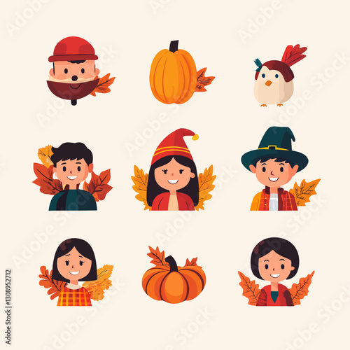 Cute Thanksgiving characters wearing Fall attire with pumpkins and autumn leaves