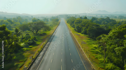 Aerial view of an empty highway in the state of Karnataka, stretching into the horizon with a smooth and well-maintained surface.