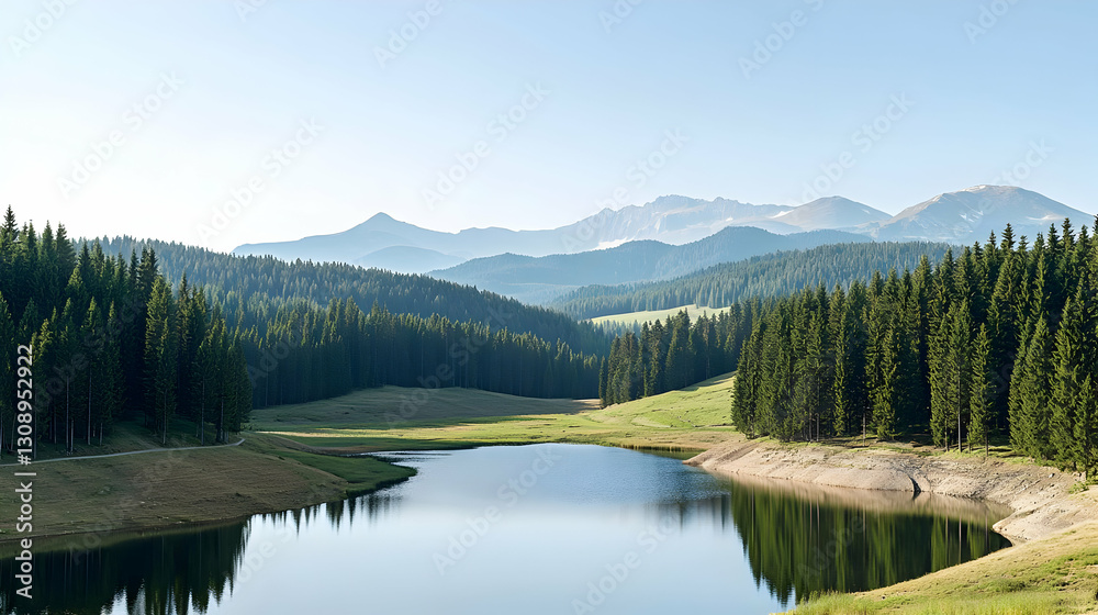 Fototapeta premium Serene Lake Reflecting Forest And Majestic Mountains Under Clear Blue Sky