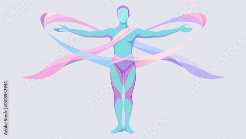 Transparent holographic silks wrap around your body guiding you through each pose in a virtual aerial yoga session.. Vector illustration