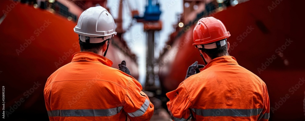 Obraz premium Dockyard Workers Inspecting Massive Cargo Ships in Dry Dock Shipyard Industry Area Operations