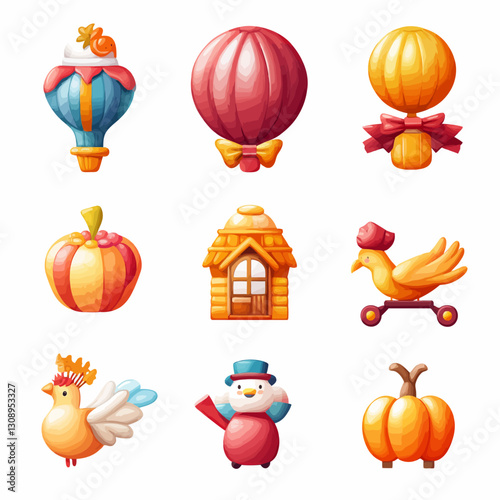 Whimsical Toy Set with Balloons, House, Birds, Pumpkin and Snowman Figurines