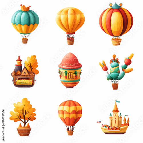 Colorful Whimsical Hot Air Balloons and Fantasy Structures on White Background