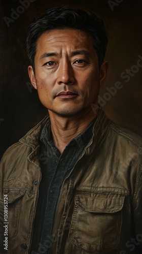 A painted portrait of Steven Yeun in a jacket