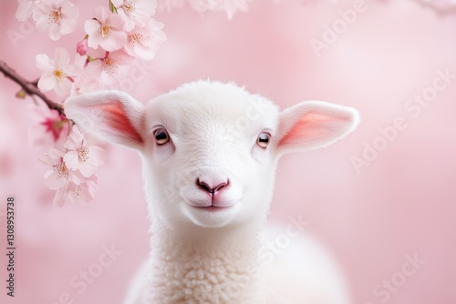 Cute lamb surrounded by cherry blossom flowers in a soft pink setting during springtime