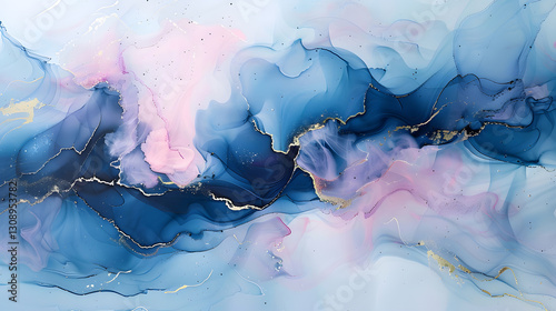 Alcohol ink painting of abstract fluid art in light pink and blue, featuring smooth organic swirls and modern artistic expression.
