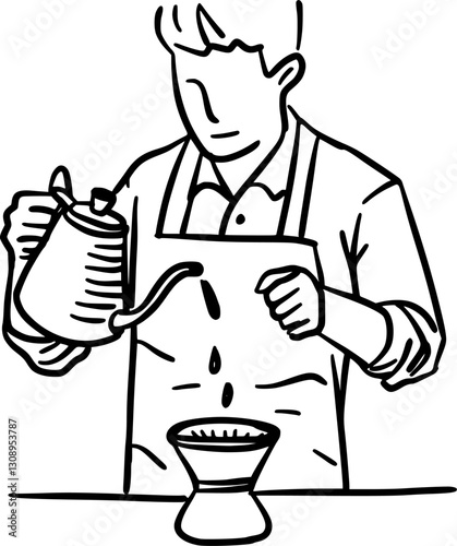 Hand-Drawn Black and White Handcrafted Pour Over Coffee Brewing Doodle Illustration