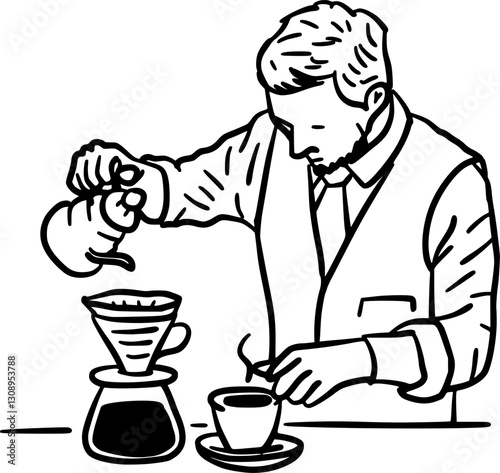 Hand-Drawn Black and White Barista Preparing Manual Brew Coffee Doodle Illustration