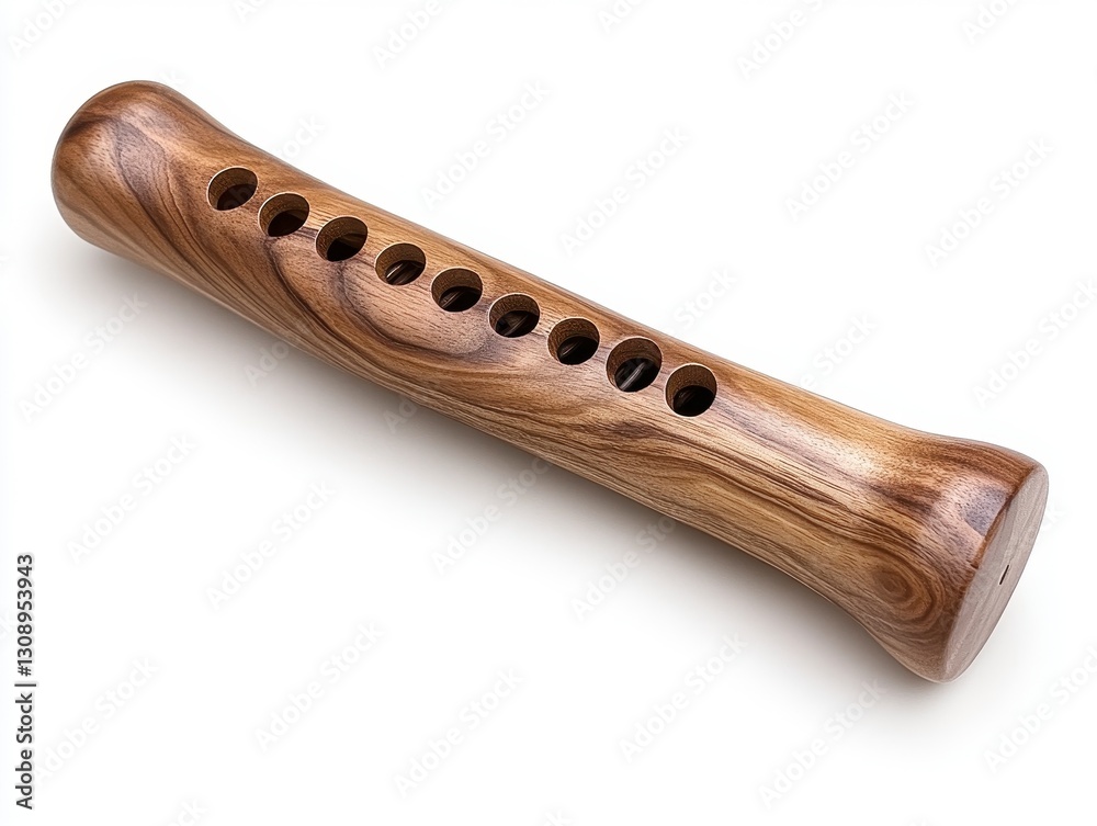 Naklejka premium Brown Wooden Flute with Holes on White Background