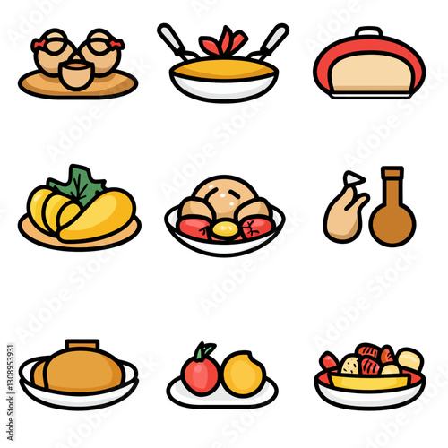 Cute Food Icons Collection Illustrating Diverse Culinary Creations and Foods