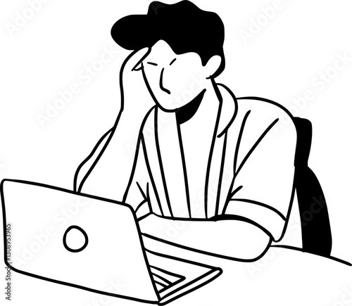 Hand-Drawn Black and White Stressed Man Working in Front of a Computer Doodle Illustration