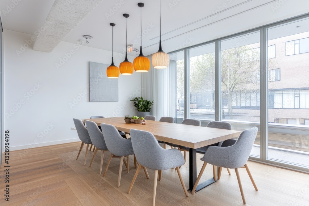Fototapeta premium Modern, bright, spacious dining area with large windows, wooden table, and gray chairs.
