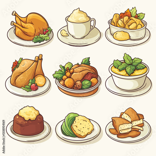 Festive Holiday Dinner Icons: Turkey, Mashed Potatoes, Stuffing, and Gravy
