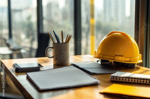 Hard hat rests on a desk with paperwork, suggesting a construction project's planning phase.