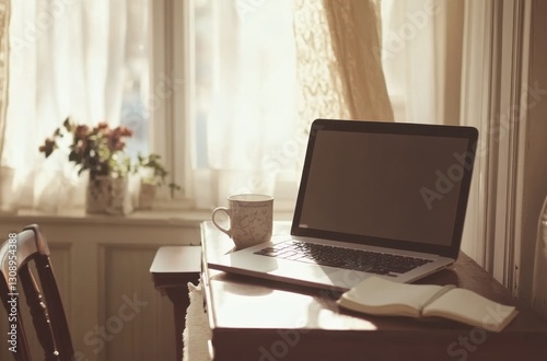 Laptop, notebook, and coffee mug on a desk near a window. Cozy workspace vibes.