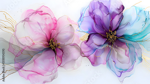 Alcohol ink painting of floral detailed and realistic blossoms in rich vibrant colors, creating an elegant and artistic composition.