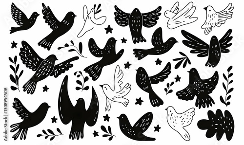 Wallpaper Mural Black and White Illustrations of Various Birds in Different Poses Torontodigital.ca