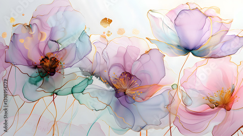 Alcohol ink painting of floral detailed and realistic blossoms in rich vibrant colors, creating an elegant and artistic composition.