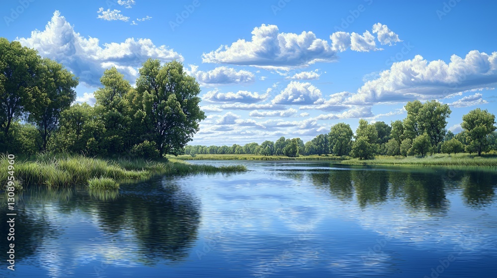 Obraz premium Serene Summer Landscape: Blue Lake with Green Trees and Fluffy Clouds