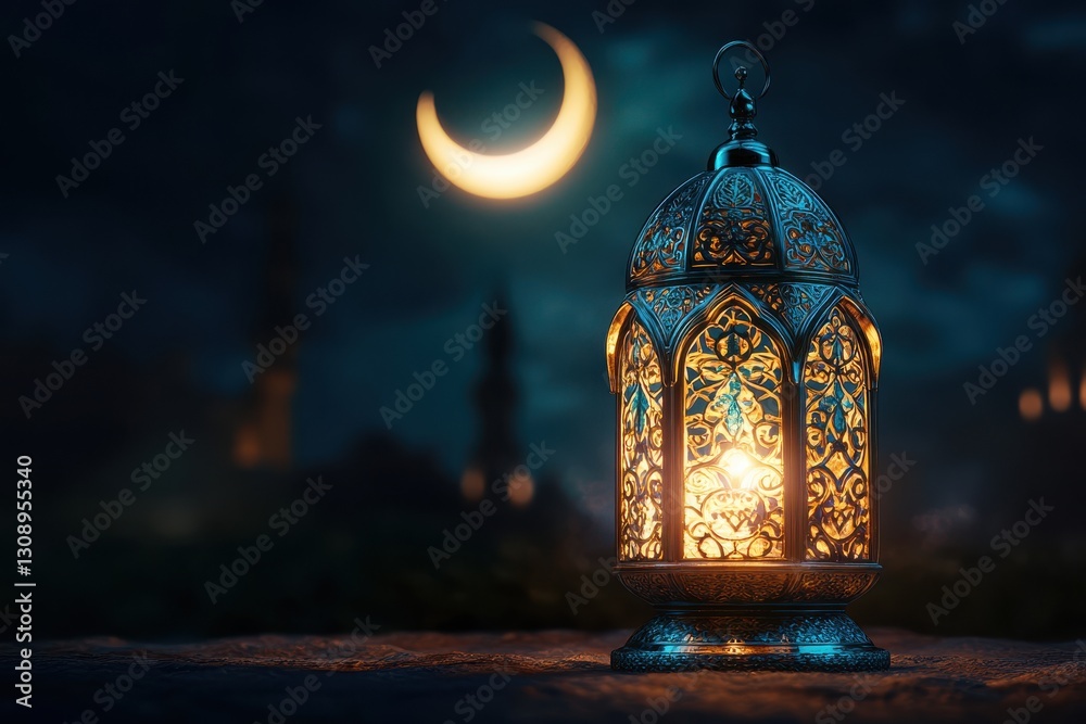Stunning 3D Ramadan Lantern with Gold & Turquoise Filigree and Crescent Moon Stunning 3D Ramadan Lantern with Gold & Turquoise Filigree and Crescent Moon