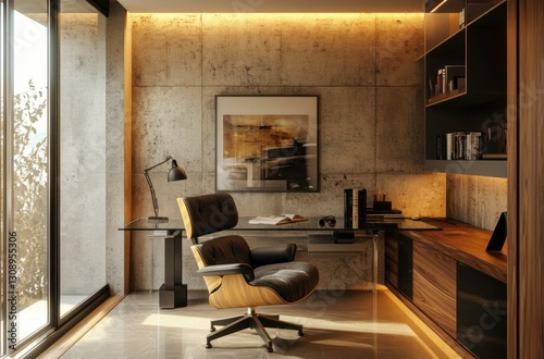 Modern home office with a leather chair, wooden desk, and concrete wall. Warm lighting creates a cozy atmosphere.