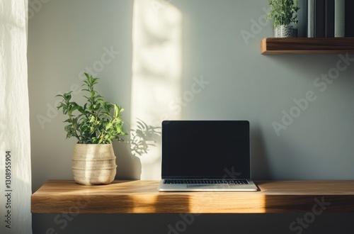 Laptop and plant on a wooden desk bathed in sunlight. A peaceful workspace.