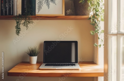 Laptop computer sits on a minimalist wooden desk, surrounded by plants and books. A peaceful workspace.