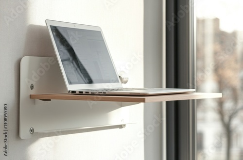 A laptop rests on a minimalist wall-mounted desk, bathed in soft sunlight streaming from a nearby window.