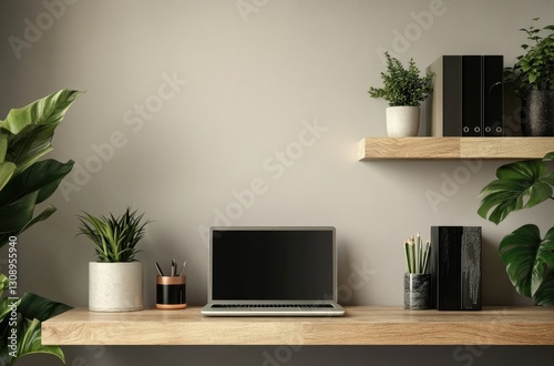 A serene workspace featuring a laptop, potted plants, and books, creating a calm and productive atmosphere.