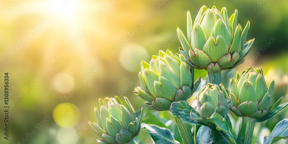 Green Artichoke Growing In Organic Vegetable Garden Under Sunset Lights Beams In Tuscany Italy Green Artichoke Growing In Organic Vegetable Garden Under Sunset Lights Beams In Tuscany Italy
