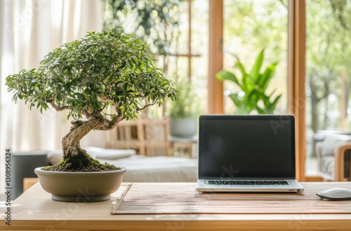 A tranquil workspace featuring a lush bonsai tree and a laptop, creating a serene atmosphere.
