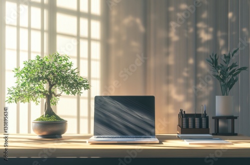 Tranquil workspace with a laptop, bonsai tree, and potted plant bathed in sunlight. Serene atmosphere.