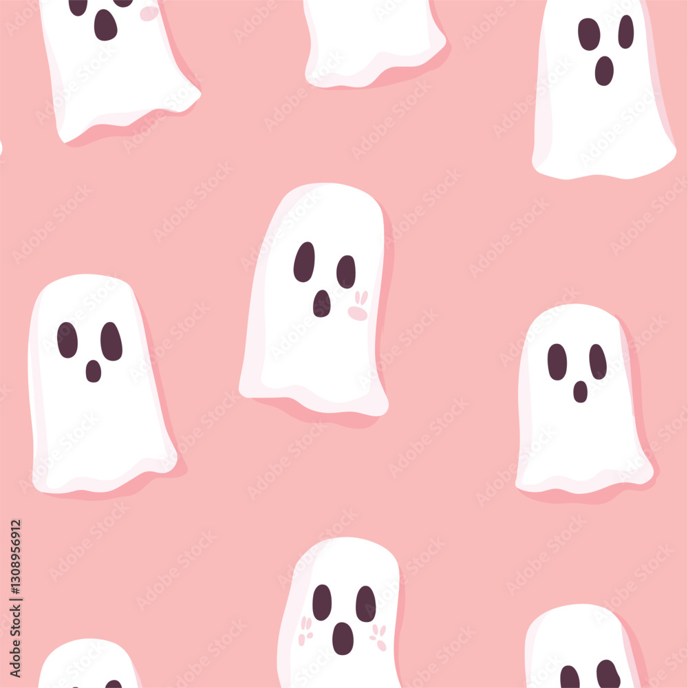 Obraz premium repeating seamless cute white blanket ghosts with pastel background, simple, children book illustration style