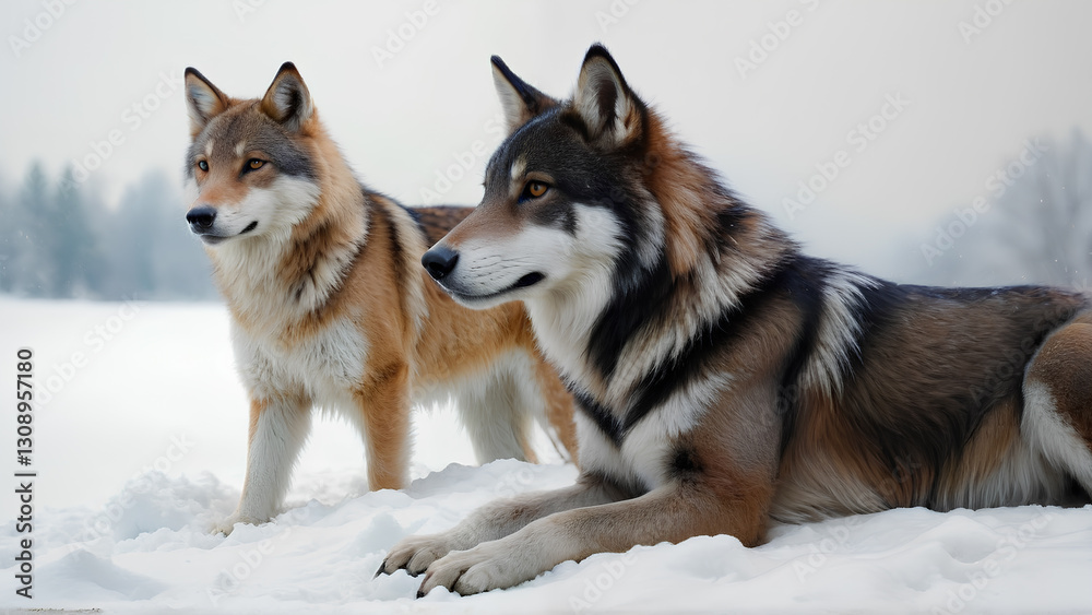 Majestic wolves resting in snowy landscape, showcasing their beautiful fur and serene expressions. winter scenery enhances their wild beauty and grace Majestic wolves resting in snowy landscape, showcasing their beautiful fur and serene expressions. winter scenery enhances their wild beauty and grace