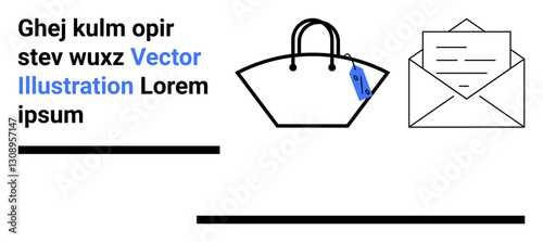 Handbag with a visible tag and a folded letter in an envelope, styled with text and lines. Ideal for shopping, fashion, mail services, minimal art, branding, communication, flat landing page banner