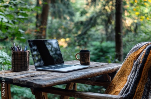 Remote work in nature. A laptop sits on a rustic wooden table in a forest setting, a mug and pencils nearby. Serene atmosphere.
