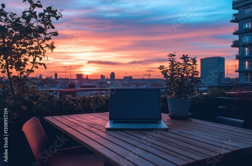 Laptop on a rooftop patio at sunset, overlooking a city skyline. Peaceful evening atmosphere.