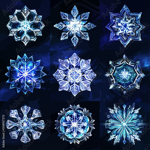 Macro photograph of nine ice crystal snowflakes set on a dark blue backdrop