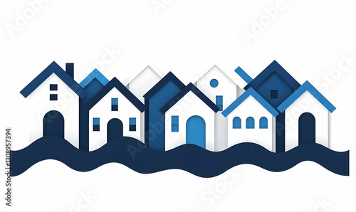 Colorful Paper Cut Houses in Blue and White Waves Background